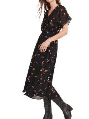 Madewell V-Neck Floral Crepe Maxi Dress Ditzy Black Multi Size M Georgette